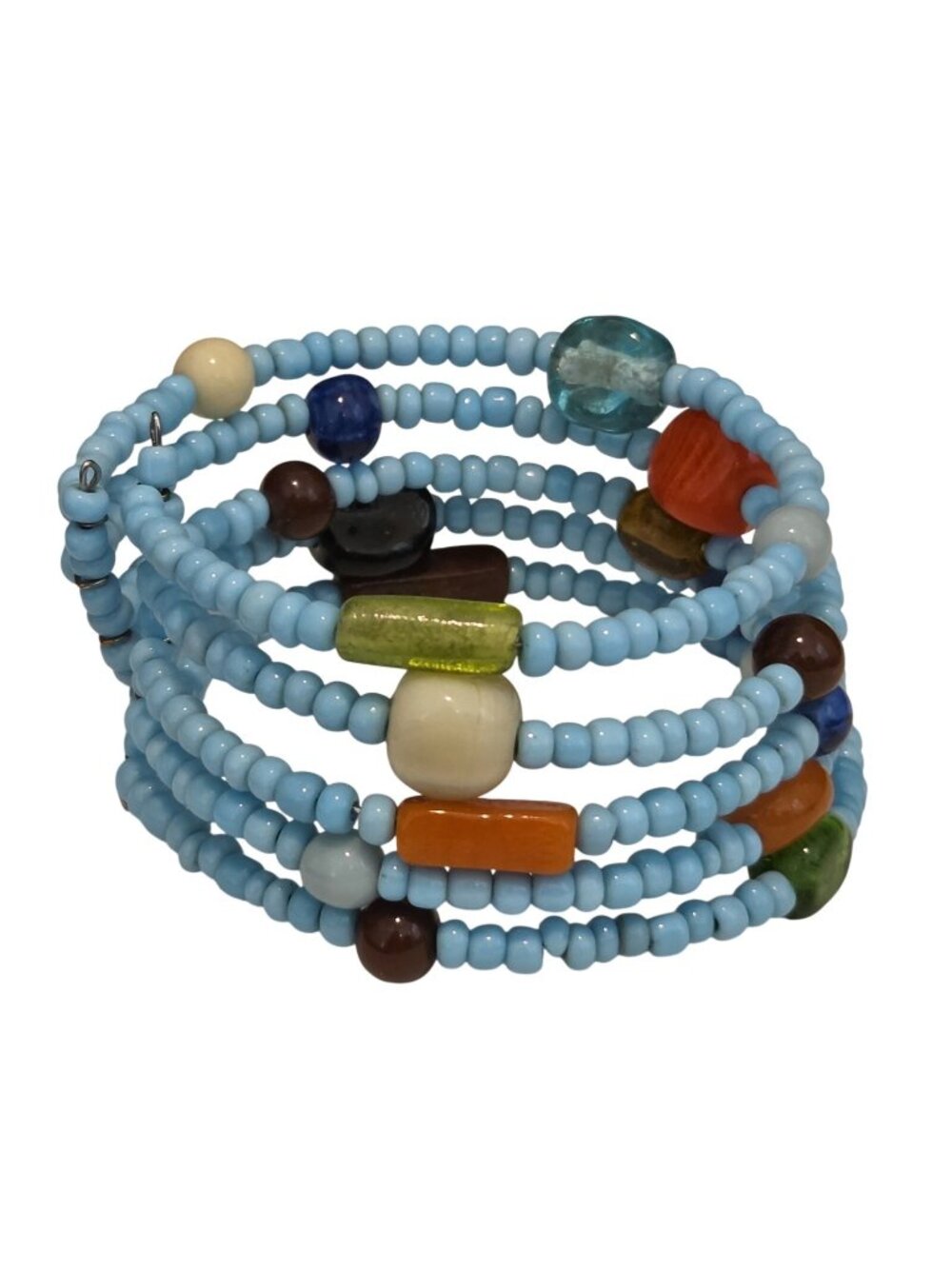 Blue Seed Beaded Multicolor Glass Bead Memory Wire Cuff Bracelet